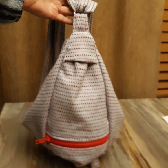 Double Handle Sling Purse Backpack Bag Blue Denim Polla Dot Red Multi Zippers - Picture 10 of 14